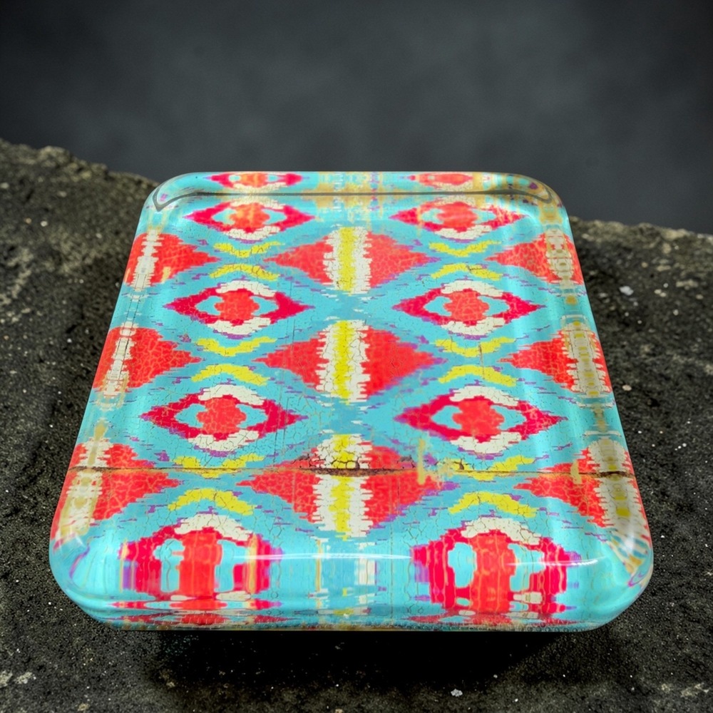 Vibrant Ikat Diamond‎ Glass Decoupage Paperweight Turquoise Yellow Square Boho